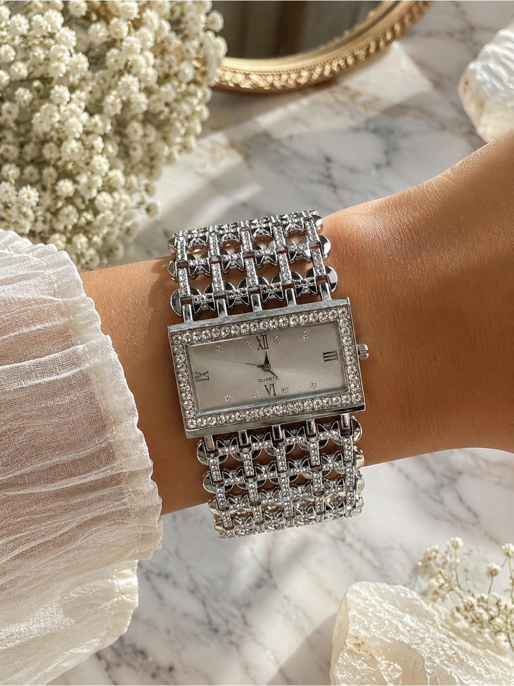 Silver Tone Crystal Bracelet Watch Rectangle Rhinestone Statement Watch